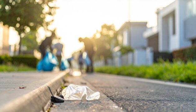 Plastic bottle litter on a street curb, a reminder of pollution, as community volunteers conduct an environmental clean-up in the background