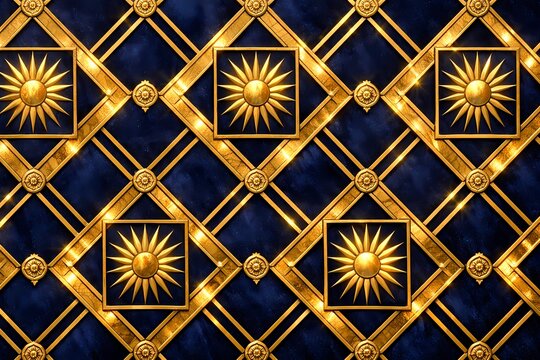 An ornate gold and royal blue geometric trellis pattern featuring star medallions. This luxurious classical design is suitable for high end wallpaper and premium product packaging.