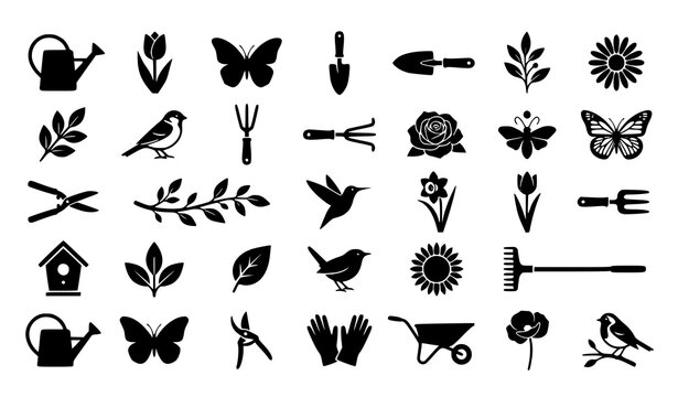 Black garden nature icons vector collection isolated on white