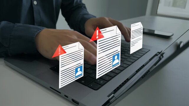 Personal data hacking concept with cybercriminal accessing confidential documents, digital files and sensitive information during online security breach and identity theft attack.