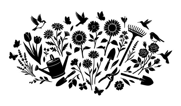 Flowers butterflies birds and garden tools silhouette set isolated on white background