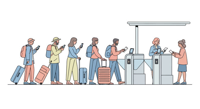 People queuing at a ticket gate with luggage.