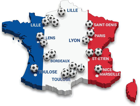 France map with soccer balls marking major cities stadium locations and football league presence
