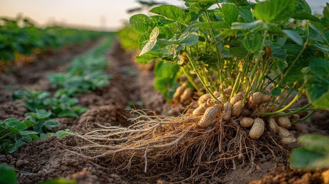 Closeup view of uprooted peanut plants with roots and pods in a rural farm setting
