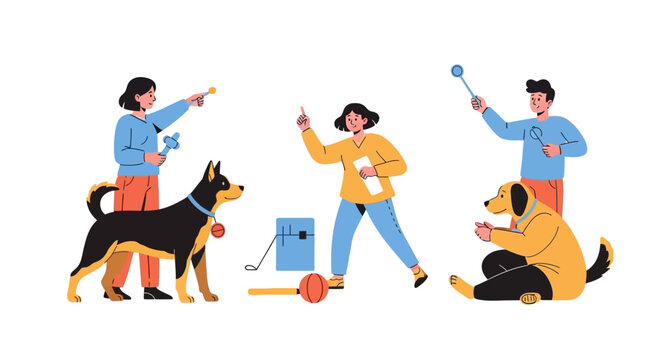 People training dogs with treats and toys.