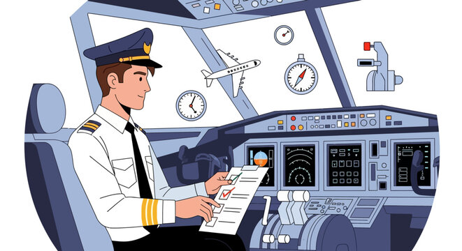 Pilot in cockpit reviewing flight plan documents.