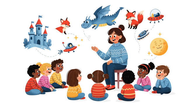 Teacher telling stories to diverse group of children.