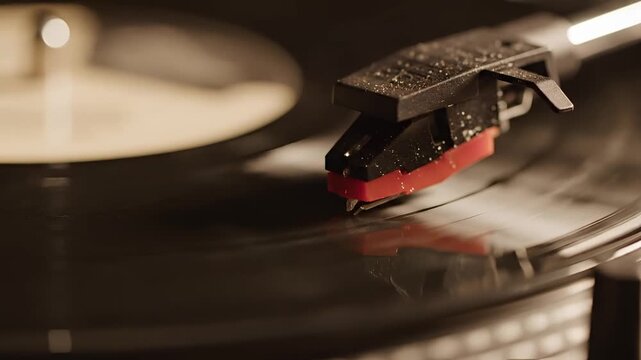 Closeup of a vintage record player needle on a spinning vinyl disc 1.