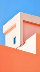 Obraz premium Minimalist architectural abstract of building facades with pastel pink and orange geometric structures against a bright blue sky.