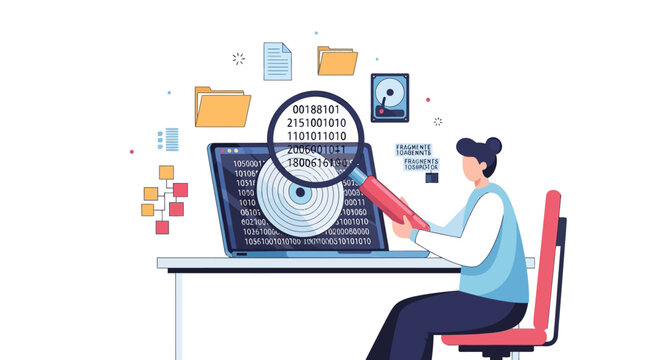 Person analyzing data on laptop with magnifying glass.