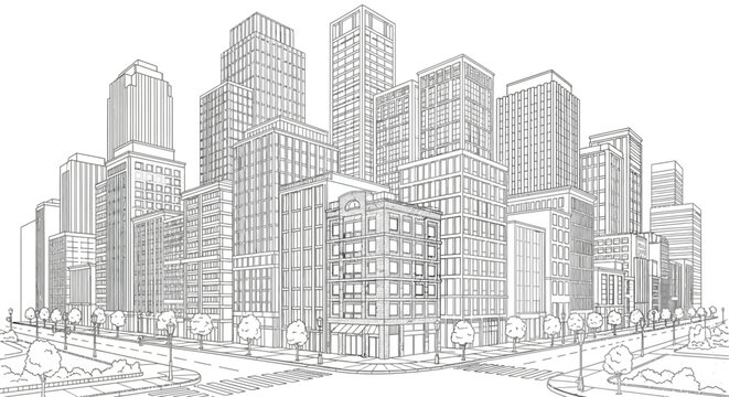 A detailed line drawing of a modern city with numerous skyscrapers and street intersections, showcasing urban architecture.