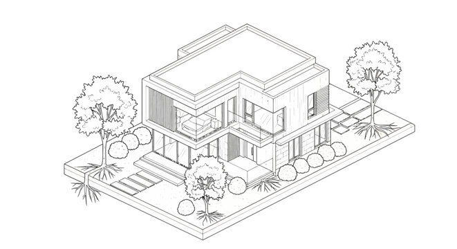 Isometric line drawing of a modern minimalist house with garden and trees.