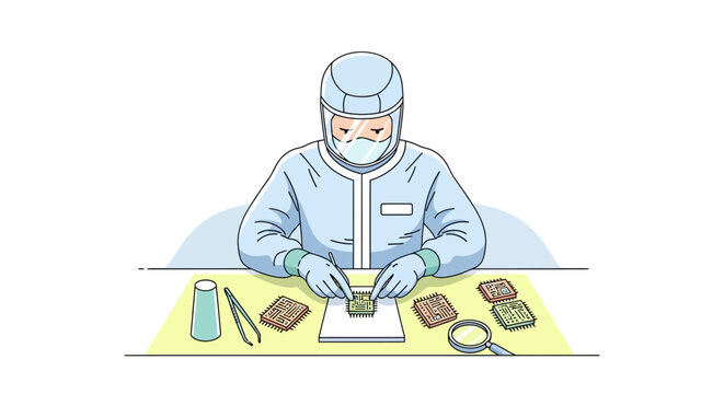 Scientist in cleanroom suit working with precision tools.