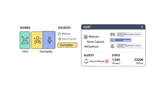 Streaming software interface with scenes and sources.