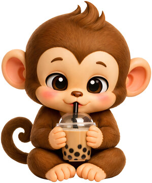 a monkey sitting quietly while sipping bubble tea