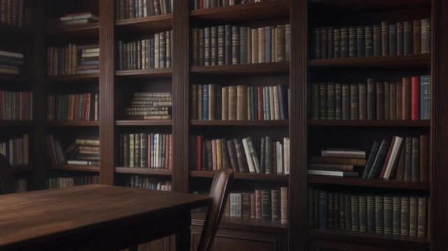 Vintage Library Interior with Wooden Bookshelves