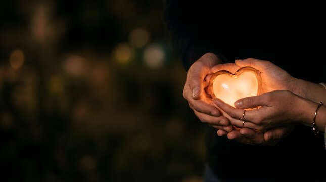 Glowing heart held by couple hands for love and compassion awareness