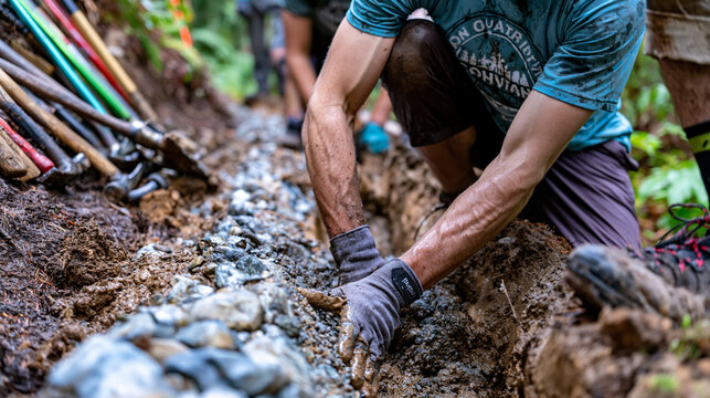 Trail maintenance volunteer team installing water bar drainage structure across muddy mountain path, hand tools stacked nearby, sweat-soaked work shirts and safety gloves visible as workers tamp com