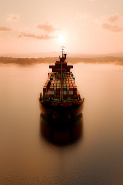 3D cargo ship sunrise with container deck on calm water