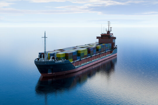 3D maritime freight vessel carrying container over ocean