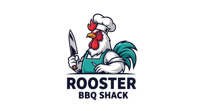 Rooster BBQ Shack Logo with Chef Rooster Holding a Knife.