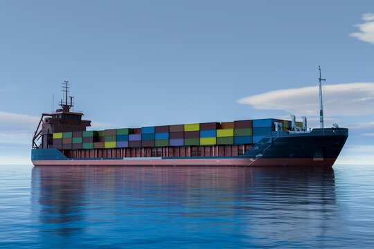 3D ocean cargo transport ship with container reflection