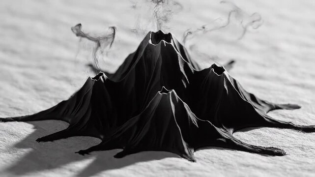 Black liquid pouring and transforming into a mountain shape with smoke