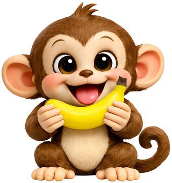 a monkey holding a banana happily with sparkling eyes