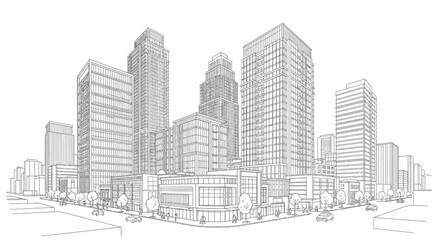 Fototapeta premium Detailed line drawing of a modern city skyline with multiple buildings and streets.