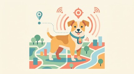 Fototapeta premium A dog stands in the center of a colorful map with tracking signals. The design highlights the importance of pet tracking and care.