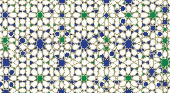 Intricate islamic geometric pattern with blue and green accents