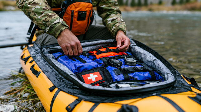 Drybag organization inside open packraft hull on calm river flat, paddler sorting gear into float-plan categories before multi-day river canyon descent, detailed kit layout with first aid pouch and 