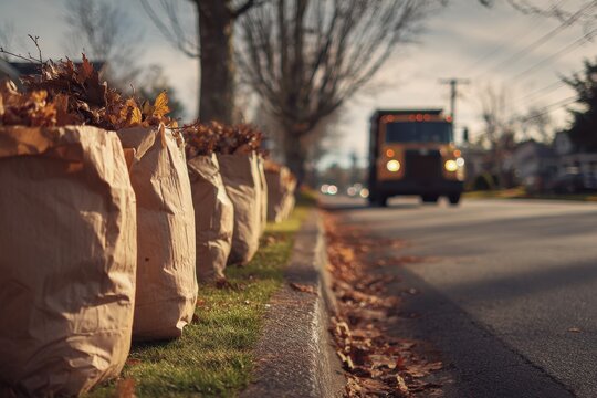 Curbside tan kraft paper yard waste bags awaiting composting pickup on a quiet suburban street