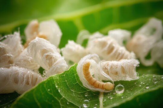 Cluster of silk cocoons on branches with silkworms, dew drops, and fine filaments
