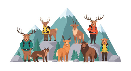 Naklejka premium Cute Cartoon Deer and Mountain Goats Family Hiking in Snowy Mountains Landscape