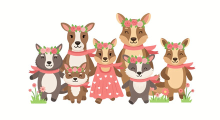 Naklejka premium Cute cartoon deer and forest animals with flower wreaths, dressed in pink ribbons