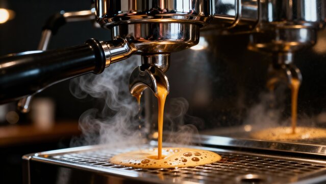 Close up of rich espresso pouring from a professional coffee machine, steam rising, creating a perfect morning brew with rich crema, ideal for cafe, premium commercial stock image featuring mode siyam