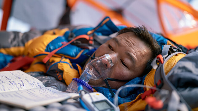 Mountain climber completing breathing exercise in expedition tent interior with supplemental oxygen mask partially donned, altitude acclimatization journal annotated beside sleeping pad, hospital-gr