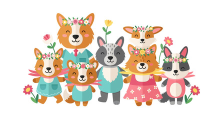 Naklejka premium Cute Cartoon Animal Family with Flower Wreaths and Floral Decoration on White Background