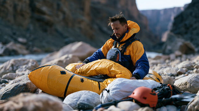 Packraft deflating and folding sequence on riverside boulder field, paddler methodically rolling inflatable hull into compression stuff sack beside helmet and paddle breakdown kit, desolate canyon i