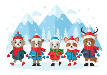 Fototapeta premium Cute cartoon animals in winter clothes on snowy mountain background.