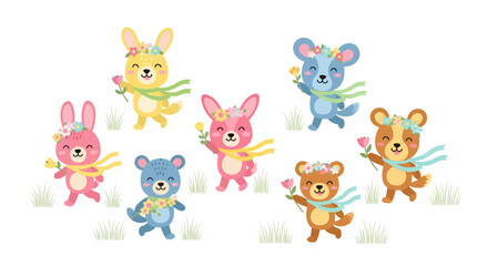 Naklejka premium Cute cartoon animals with flowers and scarves, set of happy spring characters