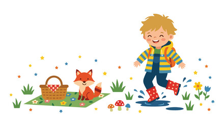Fototapeta premium A cheerful young boy wearing red boots jumps in a puddle while a friendly fox sits by a picnic basket in a vibrant outdoor meadow.