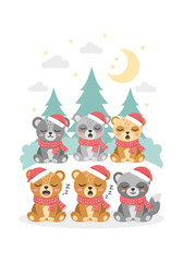 Fototapeta premium Cute Cartoon Bears with Santa hats sleeping. Christmas Illustration.