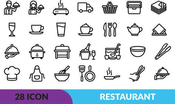 Restaurant icons set with various food and drink symbols. A comprehensive collection of 28 vector line icons representing restaurant, catering, and food service elements.