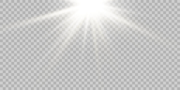 Sunlight bright golden flash of light on transparent background with rays and glare and rainbow, Vector graphics.