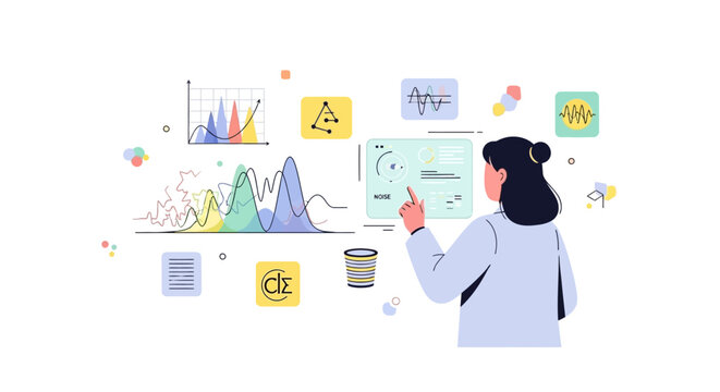 Woman analyzing data charts and graphs on a whiteboard.