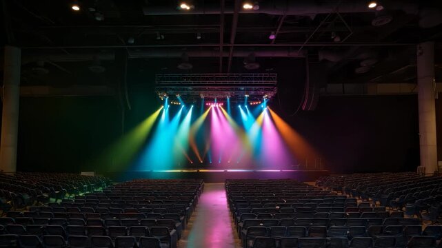 Bright lights glow from the stage in an empty concert hall. Rows of seats are visible. Anticipation builds as the start of the performance is near. The atmosphere is lively and exciting