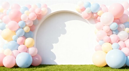 Fototapeta premium Whimsical Pastel Balloon Archway with Copy Space for Celebrations, Parties, and Events Soft Outdoor Lighting, premium commercial stock image featuring modern professional visual composition, hig siyam