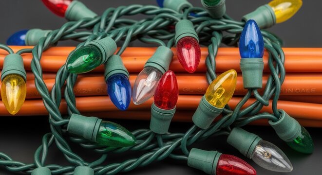 Colorful Christmas String Lights Wrapped Around Orange Cable.